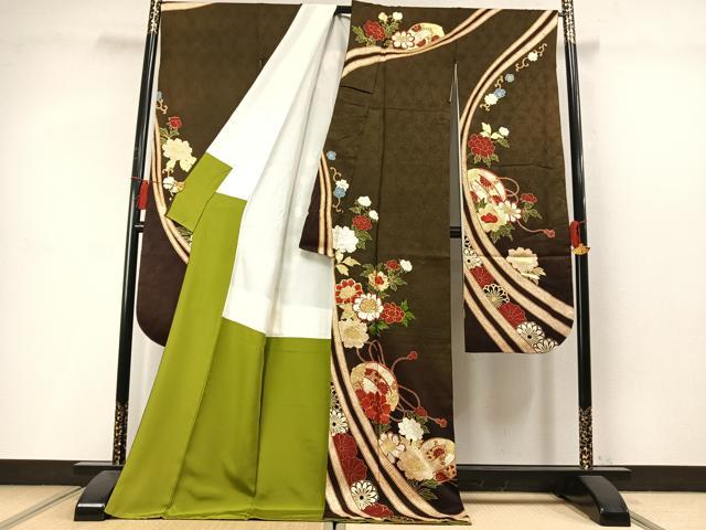 平和屋着物●豪華振袖　絞り　駒刺繍　草花文　ロング丈　正絹　逸品　AABL8695fy
