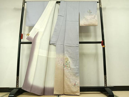 平和屋着物●大正の浮世絵師　竹久夢二　夢二ロマン　訪問着　人物花文　暈し染め　金彩　銀通し地　正絹　逸品　AABL8700fy