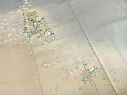 平和屋着物●大正の浮世絵師　竹久夢二　夢二ロマン　訪問着　人物花文　暈し染め　金彩　銀通し地　正絹　逸品　AABL8700fy