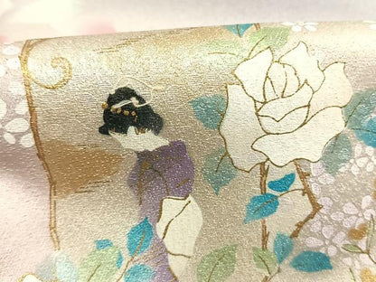 平和屋着物●大正の浮世絵師　竹久夢二　夢二ロマン　訪問着　人物花文　暈し染め　金彩　銀通し地　正絹　逸品　AABL8700fy