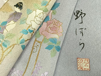 平和屋着物●大正の浮世絵師　竹久夢二　夢二ロマン　訪問着　人物花文　暈し染め　金彩　銀通し地　正絹　逸品　AABL8700fy