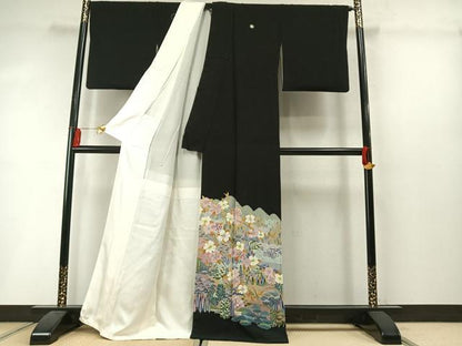 平和屋着物●本加賀友禅作家　堀哲也　黒留袖　風景花文　正絹　逸品　AABL8704fy