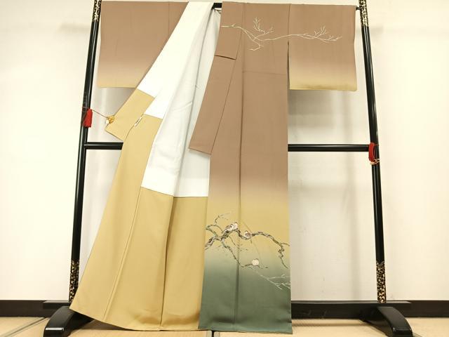 平和屋着物●十日町　加賀草木友禅の第一人者　田村哲彦　訪問着　雀　暈し染め　正絹　逸品　AABL8717fy