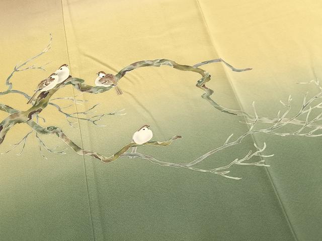 平和屋着物●十日町　加賀草木友禅の第一人者　田村哲彦　訪問着　雀　暈し染め　正絹　逸品　AABL8717fy