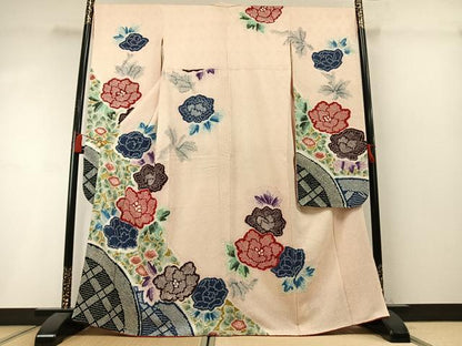 平和屋着物●名門　藤娘きぬたや・総絞り(杢目絞り)　振袖　草花文　正絹　逸品　AABL8718fy