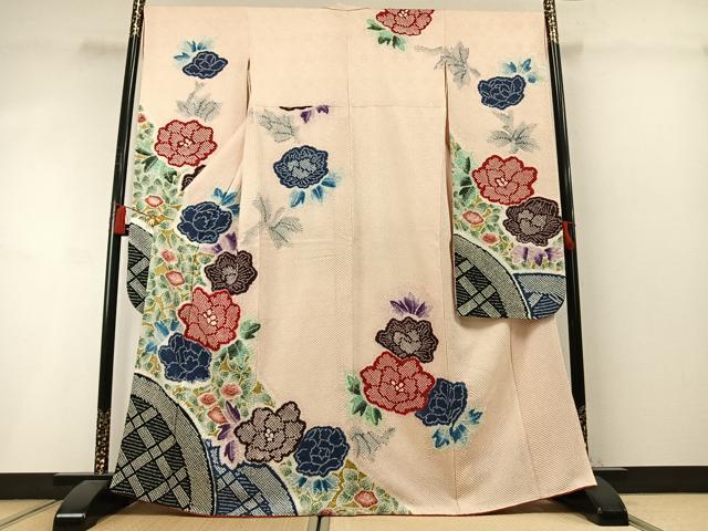 平和屋着物●名門　藤娘きぬたや・総絞り(杢目絞り)　振袖　草花文　正絹　逸品　AABL8718fy