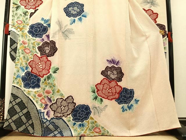 平和屋着物●名門　藤娘きぬたや・総絞り(杢目絞り)　振袖　草花文　正絹　逸品　AABL8718fy