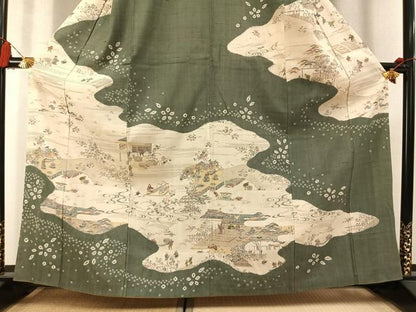 平和屋着物●染織の名門　しょうざん　生紬　訪問着　風景人物文　正絹　逸品　AABL8733fy