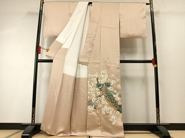 平和屋着物●豪華色留袖　作家物　刺繍　孔雀枝梅文　金糸　正絹　逸品　AABL8745fy