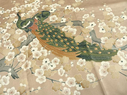 平和屋着物●豪華色留袖　作家物　刺繍　孔雀枝梅文　金糸　正絹　逸品　AABL8745fy