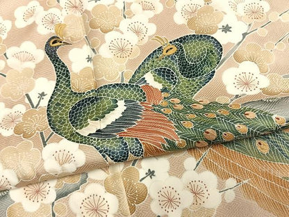 平和屋着物●豪華色留袖　作家物　刺繍　孔雀枝梅文　金糸　正絹　逸品　AABL8745fy
