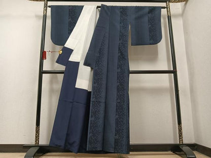 平和屋着物●本塩沢　草花間道　正絹　逸品　AABL8766ph