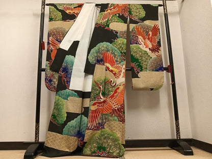 平和屋本店●アンティーク　大正ロマン　振袖　駒刺繍　群れ鶴松文　黒地　金銀彩　ロング丈　正絹　逸品　AABL8818ph
