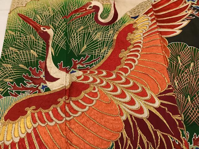 平和屋本店●アンティーク　大正ロマン　振袖　駒刺繍　群れ鶴松文　黒地　金銀彩　ロング丈　正絹　逸品　AABL8818ph
