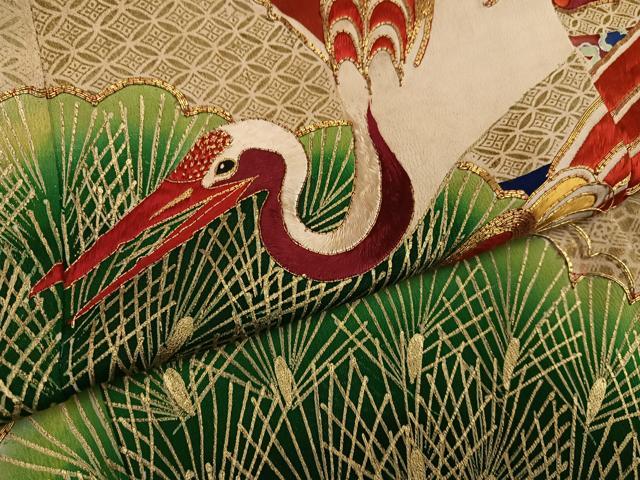 平和屋本店●アンティーク　大正ロマン　振袖　駒刺繍　群れ鶴松文　黒地　金銀彩　ロング丈　正絹　逸品　AABL8818ph