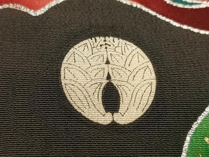 平和屋本店●アンティーク　大正ロマン　振袖　駒刺繍　群れ鶴松文　黒地　金銀彩　ロング丈　正絹　逸品　AABL8818ph