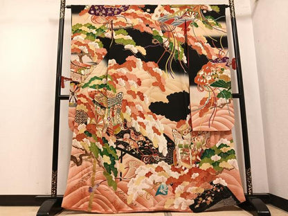 平和屋本店●アンティーク　大正ロマン　振袖　駒刺繍　御所車草花文　暈し染め　黒地　金彩　正絹　逸品　AABL8819ph
