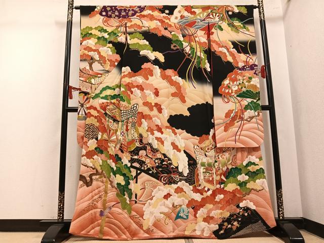 平和屋本店●アンティーク　大正ロマン　振袖　駒刺繍　御所車草花文　暈し染め　黒地　金彩　正絹　逸品　AABL8819ph