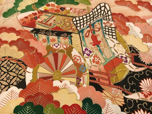 平和屋本店●アンティーク　大正ロマン　振袖　駒刺繍　御所車草花文　暈し染め　黒地　金彩　正絹　逸品　AABL8819ph