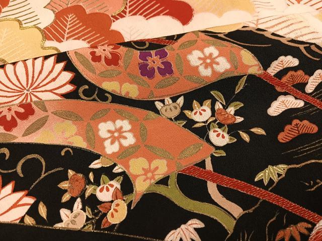 平和屋本店●アンティーク　大正ロマン　振袖　駒刺繍　御所車草花文　暈し染め　黒地　金彩　正絹　逸品　AABL8819ph