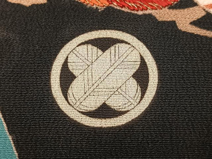 平和屋本店●アンティーク　大正ロマン　振袖　駒刺繍　御所車草花文　暈し染め　黒地　金彩　正絹　逸品　AABL8819ph