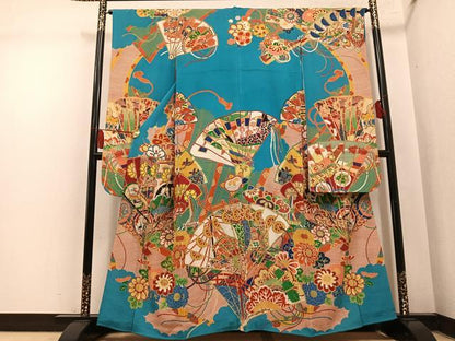 平和屋本店●アンティーク　大正ロマン　振袖　駒刺繍　檜扇花文　金彩　正絹　逸品　AABL8820ph