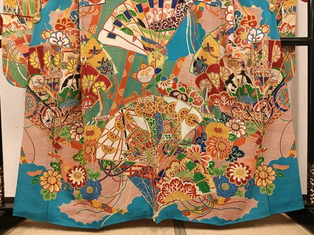 平和屋本店●アンティーク　大正ロマン　振袖　駒刺繍　檜扇花文　金彩　正絹　逸品　AABL8820ph