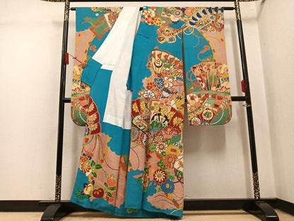 平和屋本店●アンティーク　大正ロマン　振袖　駒刺繍　檜扇花文　金彩　正絹　逸品　AABL8820ph