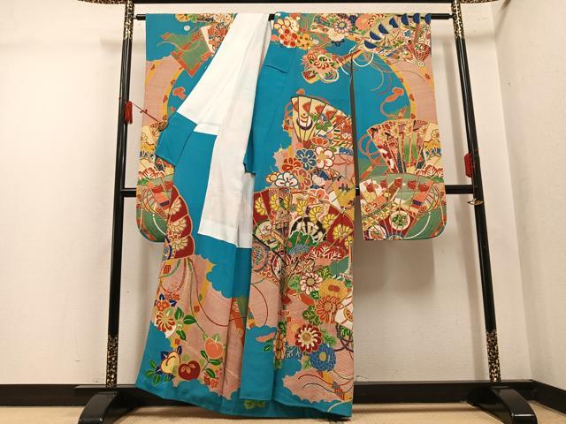 平和屋本店●アンティーク　大正ロマン　振袖　駒刺繍　檜扇花文　金彩　正絹　逸品　AABL8820ph