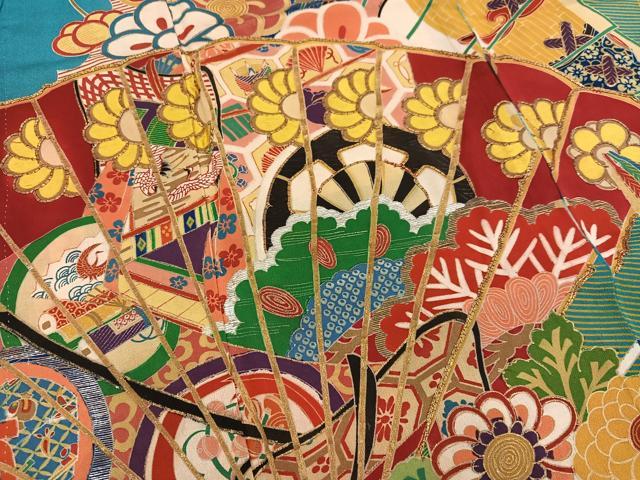 平和屋本店●アンティーク　大正ロマン　振袖　駒刺繍　檜扇花文　金彩　正絹　逸品　AABL8820ph