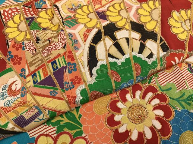 平和屋本店●アンティーク　大正ロマン　振袖　駒刺繍　檜扇花文　金彩　正絹　逸品　AABL8820ph