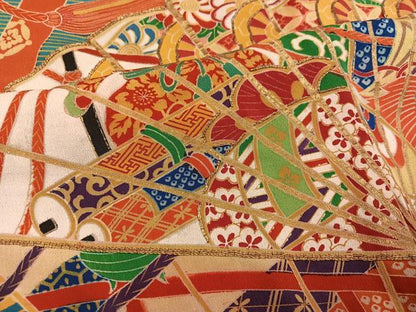 平和屋本店●アンティーク　大正ロマン　振袖　駒刺繍　檜扇花文　金彩　正絹　逸品　AABL8820ph