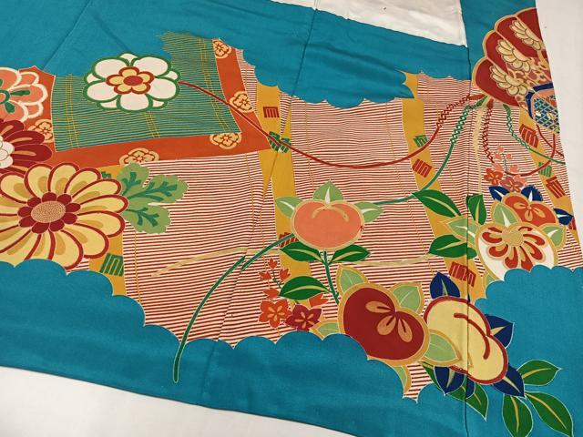 平和屋本店●アンティーク　大正ロマン　振袖　駒刺繍　檜扇花文　金彩　正絹　逸品　AABL8820ph