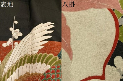 平和屋本店●アンティーク　大正ロマン　黒留袖　飛鶴更紗草花文　正絹　逸品　AABL8822ph