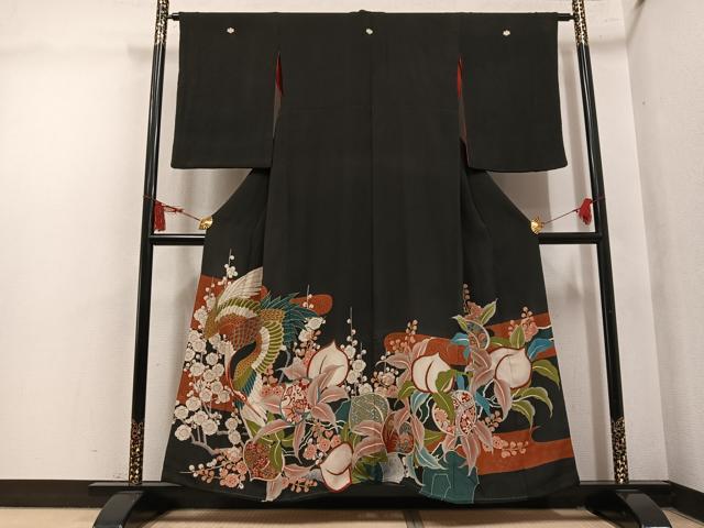 平和屋本店●アンティーク　大正ロマン　黒留袖　飛鶴更紗草花文　正絹　逸品　AABL8822ph