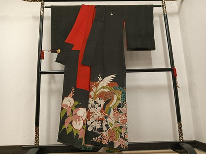 平和屋本店●アンティーク　大正ロマン　黒留袖　飛鶴更紗草花文　正絹　逸品　AABL8822ph
