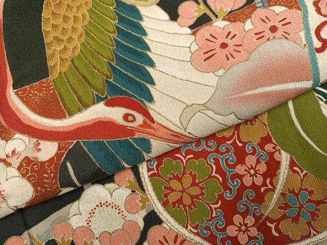 平和屋本店●アンティーク　大正ロマン　黒留袖　飛鶴更紗草花文　正絹　逸品　AABL8822ph