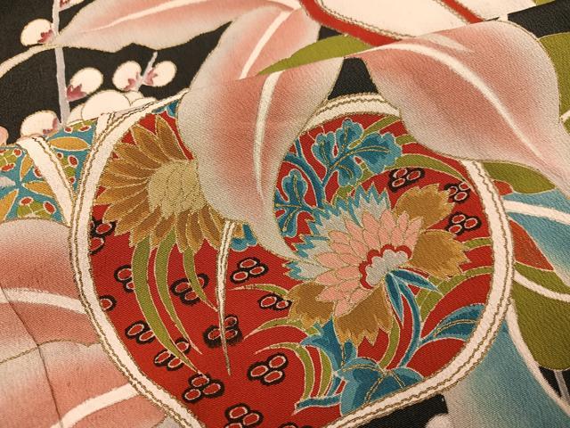 平和屋本店●アンティーク　大正ロマン　黒留袖　飛鶴更紗草花文　正絹　逸品　AABL8822ph