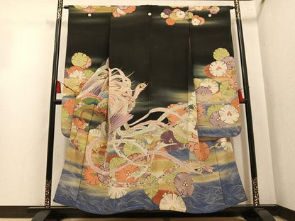 平和屋本店●アンティーク　大正ロマン　振袖　刺繍　鳳凰花文　暈し染め　黒地　金彩　正絹　逸品　AABL8824ph