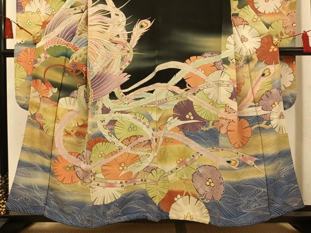平和屋本店●アンティーク　大正ロマン　振袖　刺繍　鳳凰花文　暈し染め　黒地　金彩　正絹　逸品　AABL8824ph