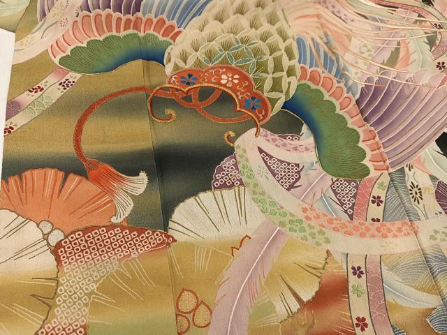 平和屋本店●アンティーク　大正ロマン　振袖　刺繍　鳳凰花文　暈し染め　黒地　金彩　正絹　逸品　AABL8824ph