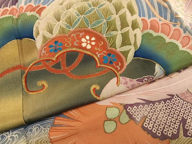 平和屋本店●アンティーク　大正ロマン　振袖　刺繍　鳳凰花文　暈し染め　黒地　金彩　正絹　逸品　AABL8824ph