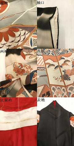平和屋本店●アンティーク　大正ロマン　振袖　駒刺繍　群れ鶴貝合わせ草花文　暈し染め　黒地　金彩　正絹　逸品　AABL8825ph