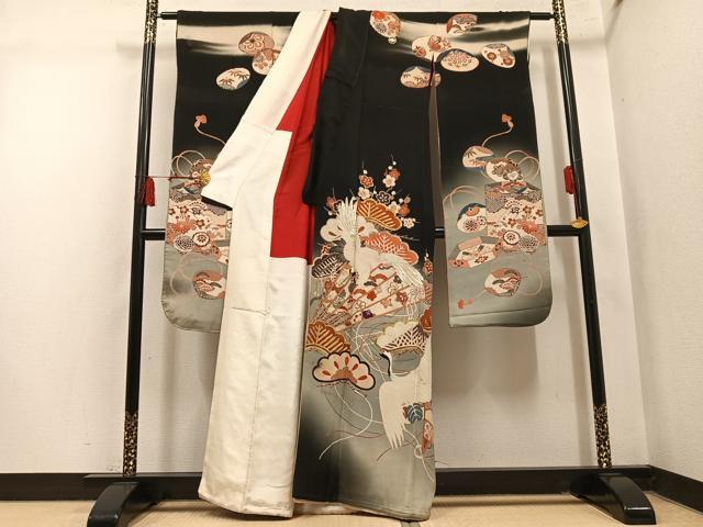 平和屋本店●アンティーク　大正ロマン　振袖　駒刺繍　群れ鶴貝合わせ草花文　暈し染め　黒地　金彩　正絹　逸品　AABL8825ph