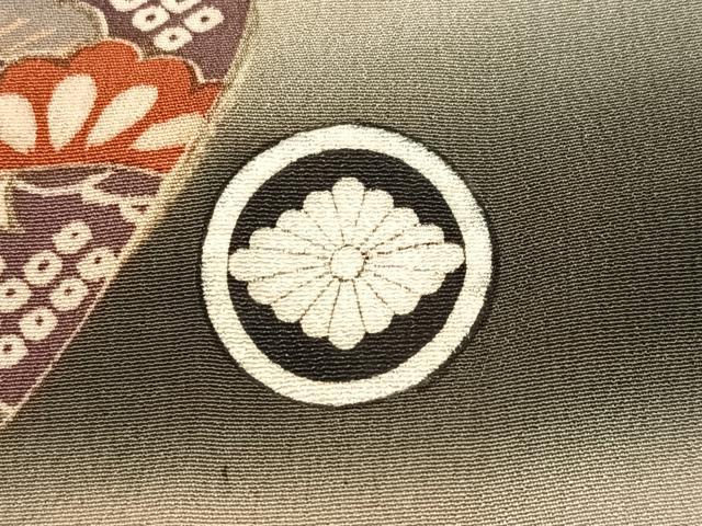 平和屋本店●アンティーク　大正ロマン　振袖　駒刺繍　群れ鶴貝合わせ草花文　暈し染め　黒地　金彩　正絹　逸品　AABL8825ph