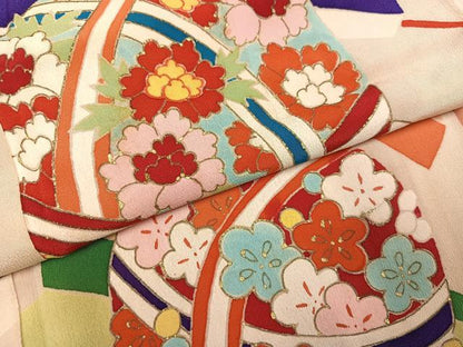 平和屋本店●アンティーク　大正ロマン　小振袖　二尺袖　草花文　金彩　正絹　逸品　AABL8826ph
