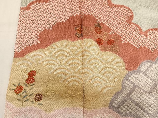 平和屋着物●訪問着　絞り　駒刺繍　草花文　金彩　正絹　逸品　AABL8861ph