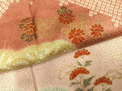 平和屋着物●訪問着　絞り　駒刺繍　草花文　金彩　正絹　逸品　AABL8861ph