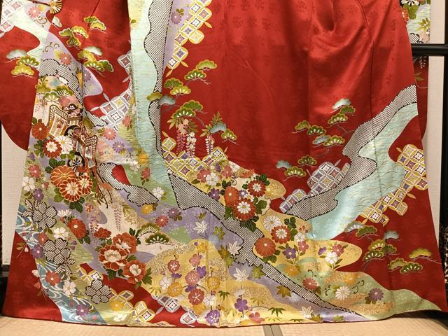 平和屋着物●豪華振袖　駒刺繍　御所車草花文　金彩　京都きもの友禅扱い　正絹　逸品　AABL8865ph