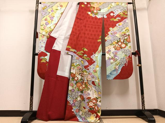 平和屋着物●豪華振袖　駒刺繍　御所車草花文　金彩　京都きもの友禅扱い　正絹　逸品　AABL8865ph